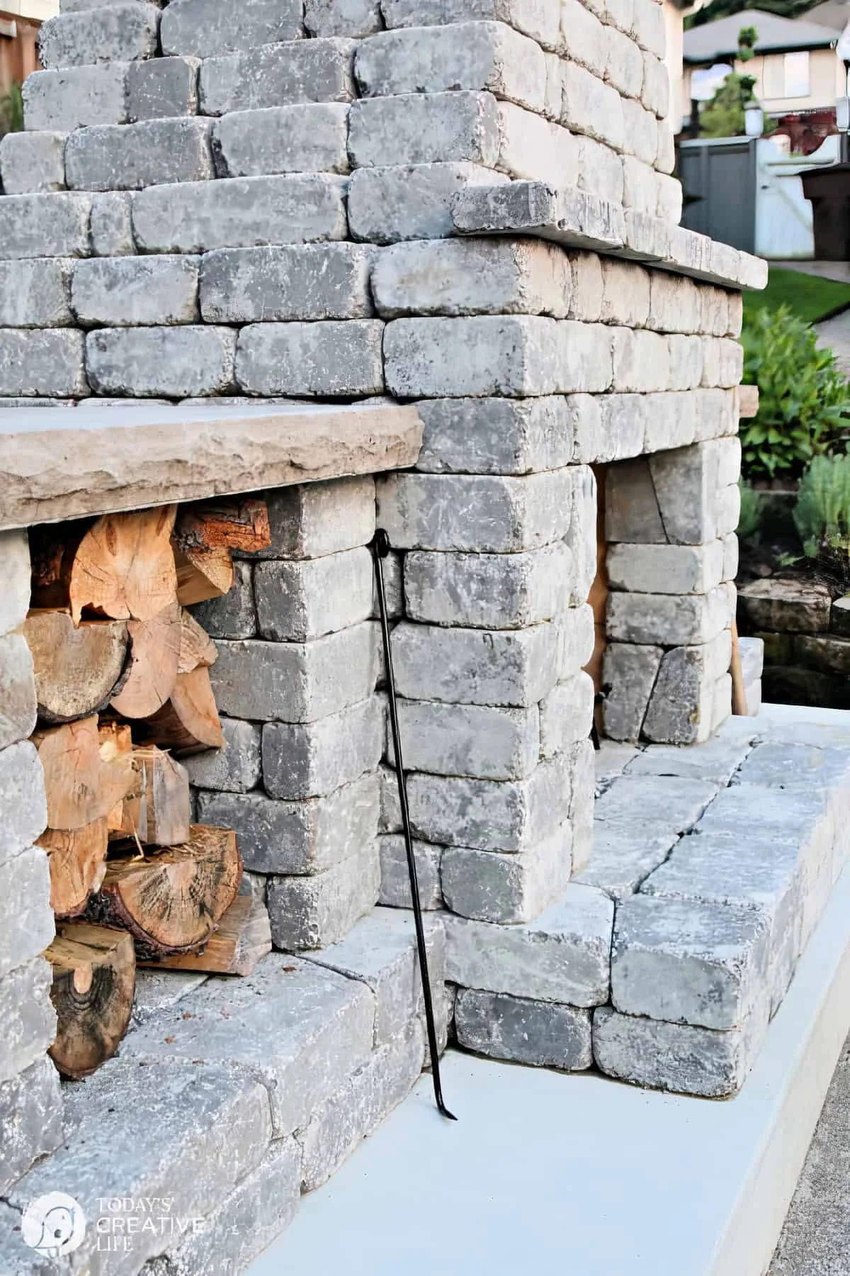 Side view stone fireplace