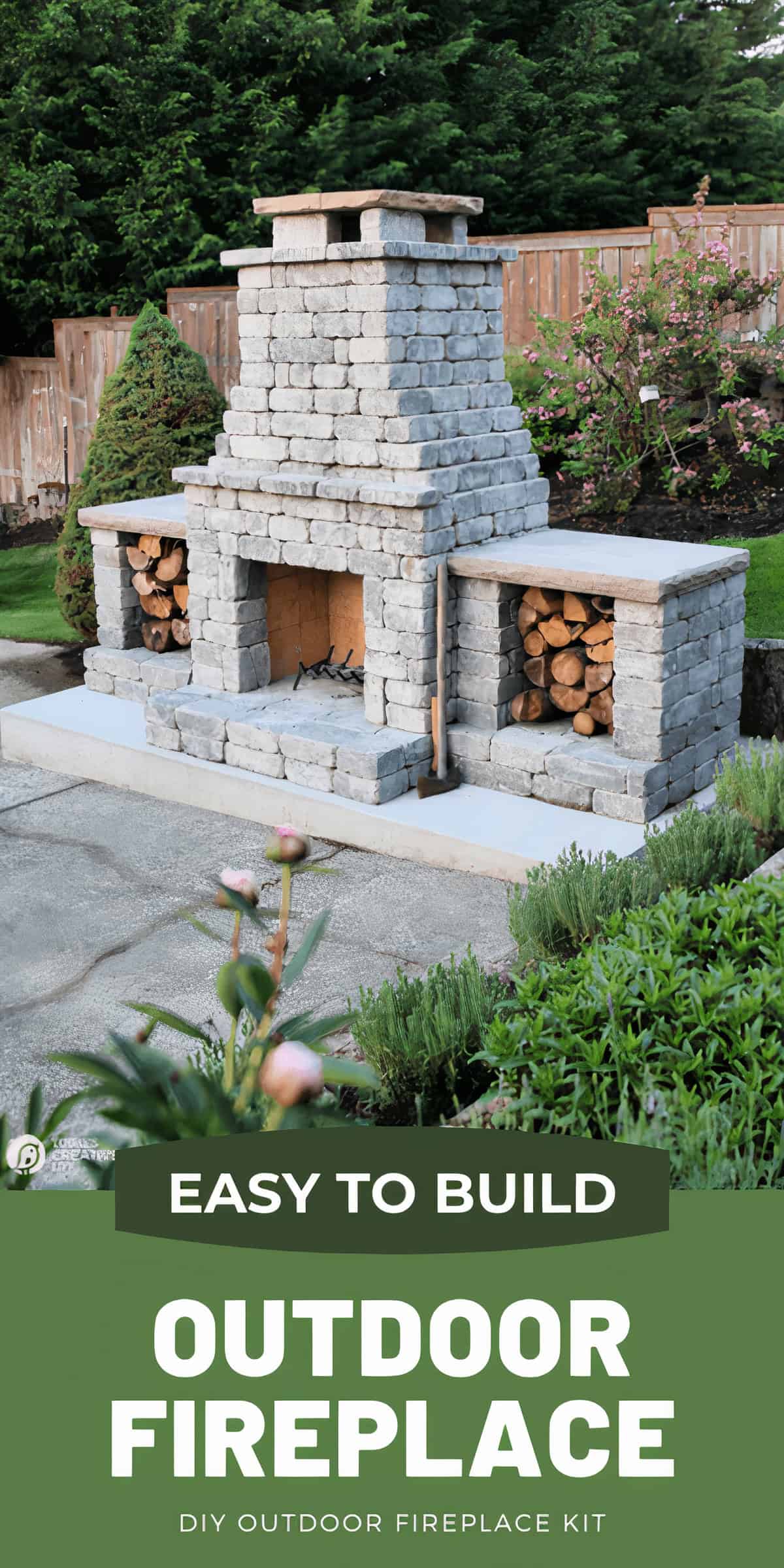 Grey stone outdoor fireplace
