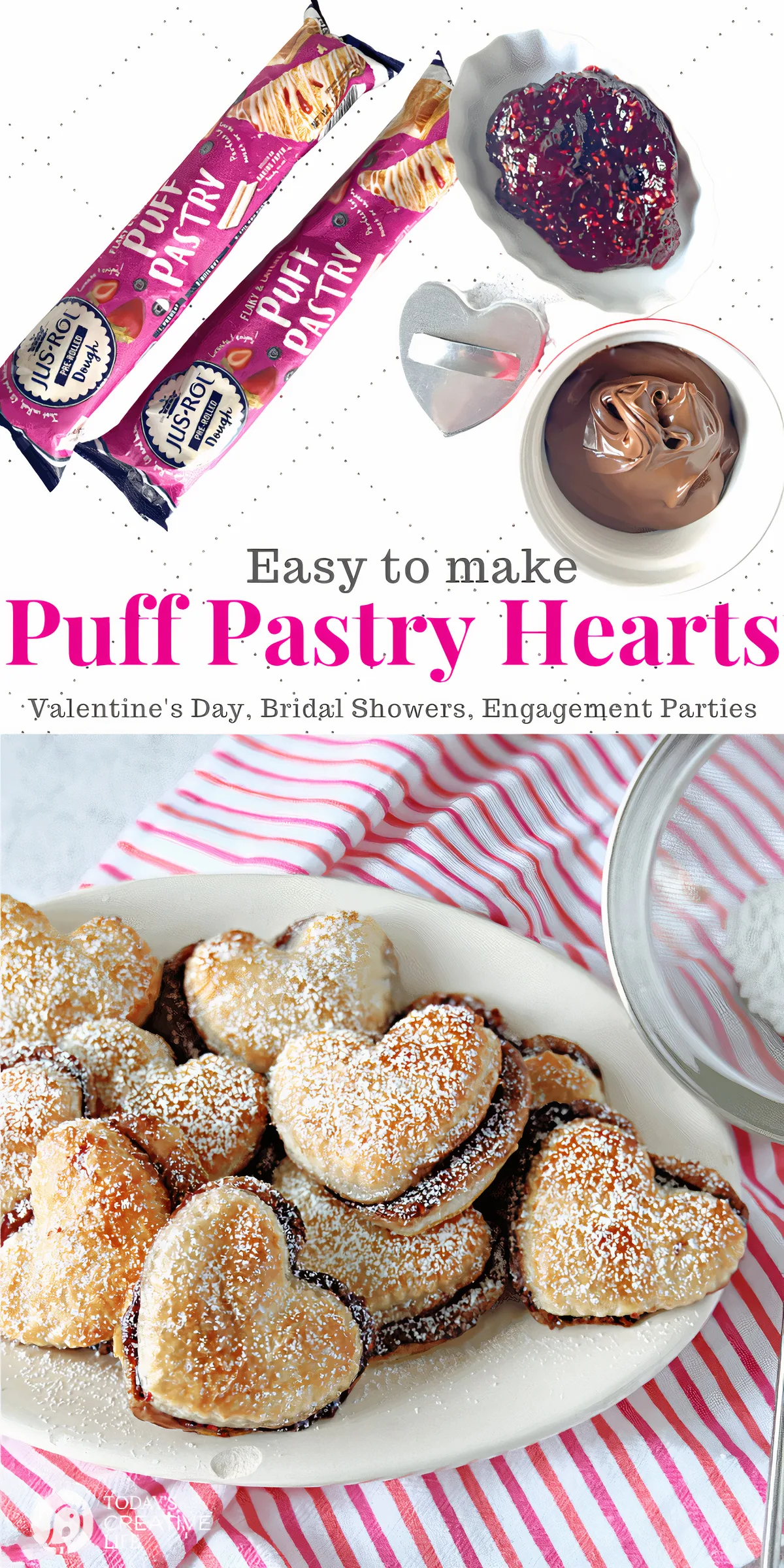 Photo collage of Ingredients for a Puff Pastry Dessert Recipe. Dough, nutella and raspberry jam.