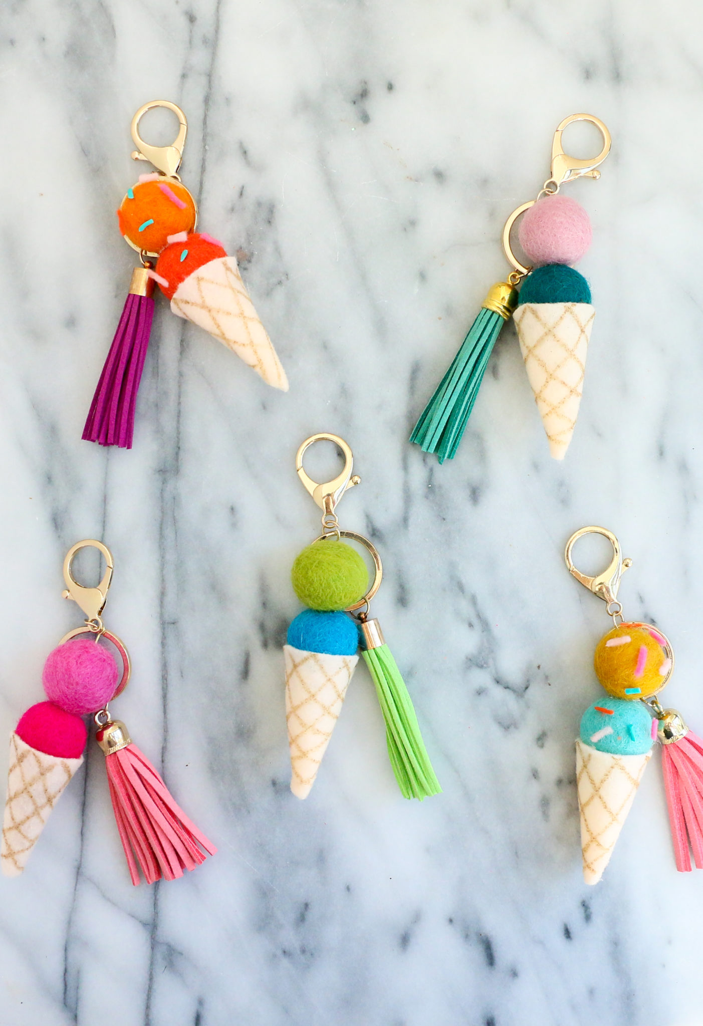 DIY Felt Ball Ice Cream Cone Keychains